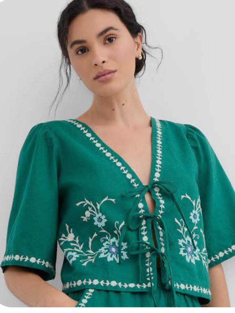 NEW Loft Floral Cotton Linen Bow Blouse Green Size Large NEW WITH TAGS